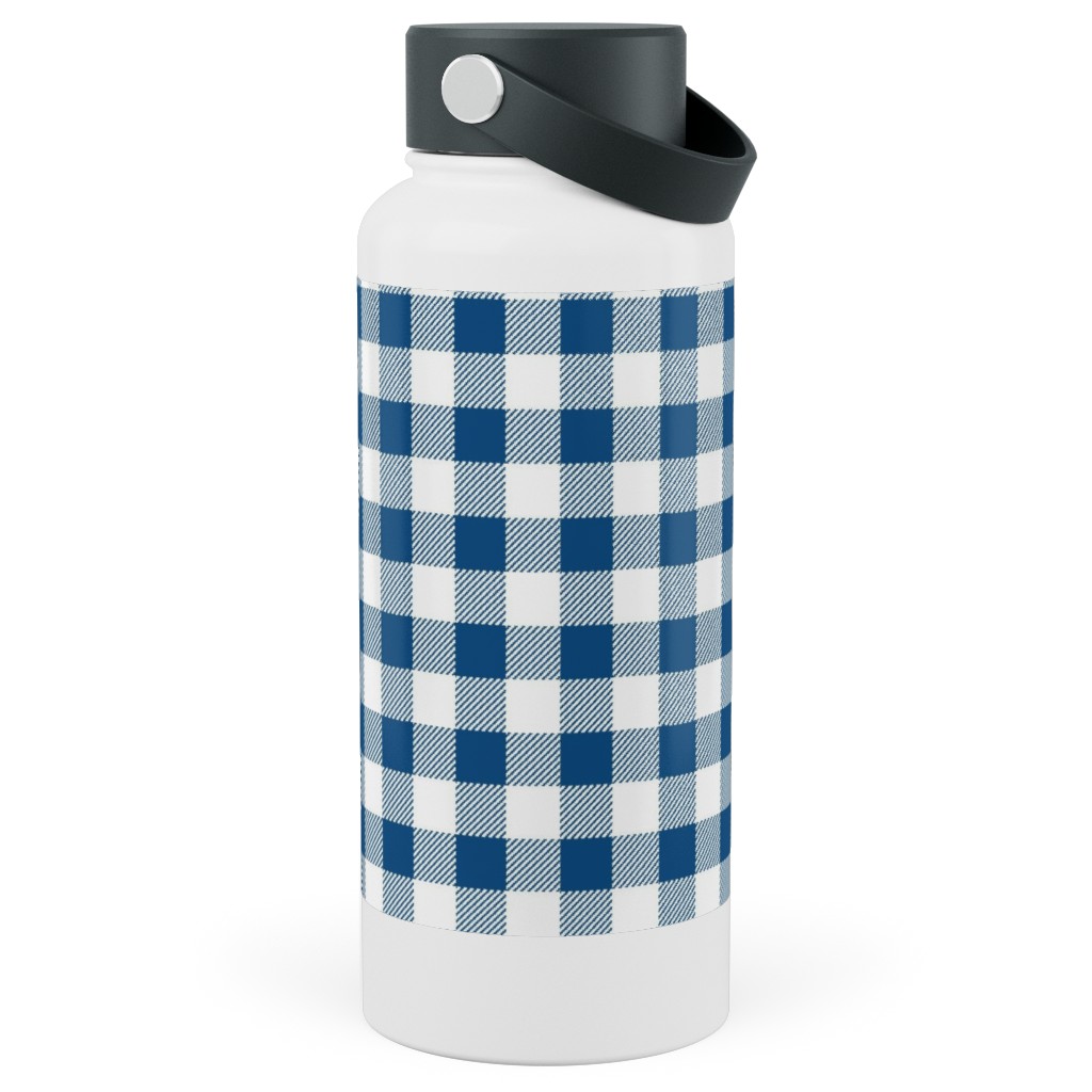 Classic Gingham - Blue Stainless Steel Wide Mouth Water Bottle, 30oz, Wide Mouth, Blue