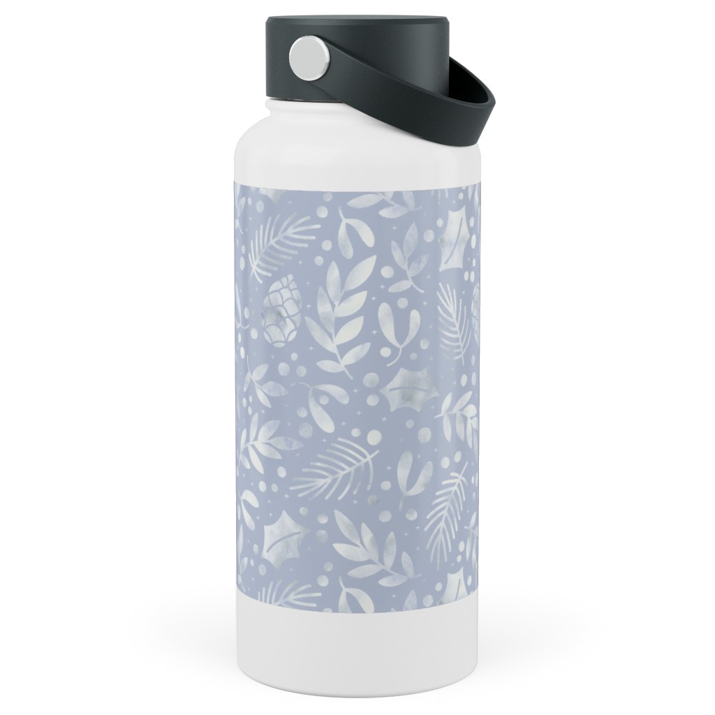 Frozen Winter Florals - Silver Stainless Steel Wide Mouth Water Bottle, 30oz, Wide Mouth, Blue, True Blue