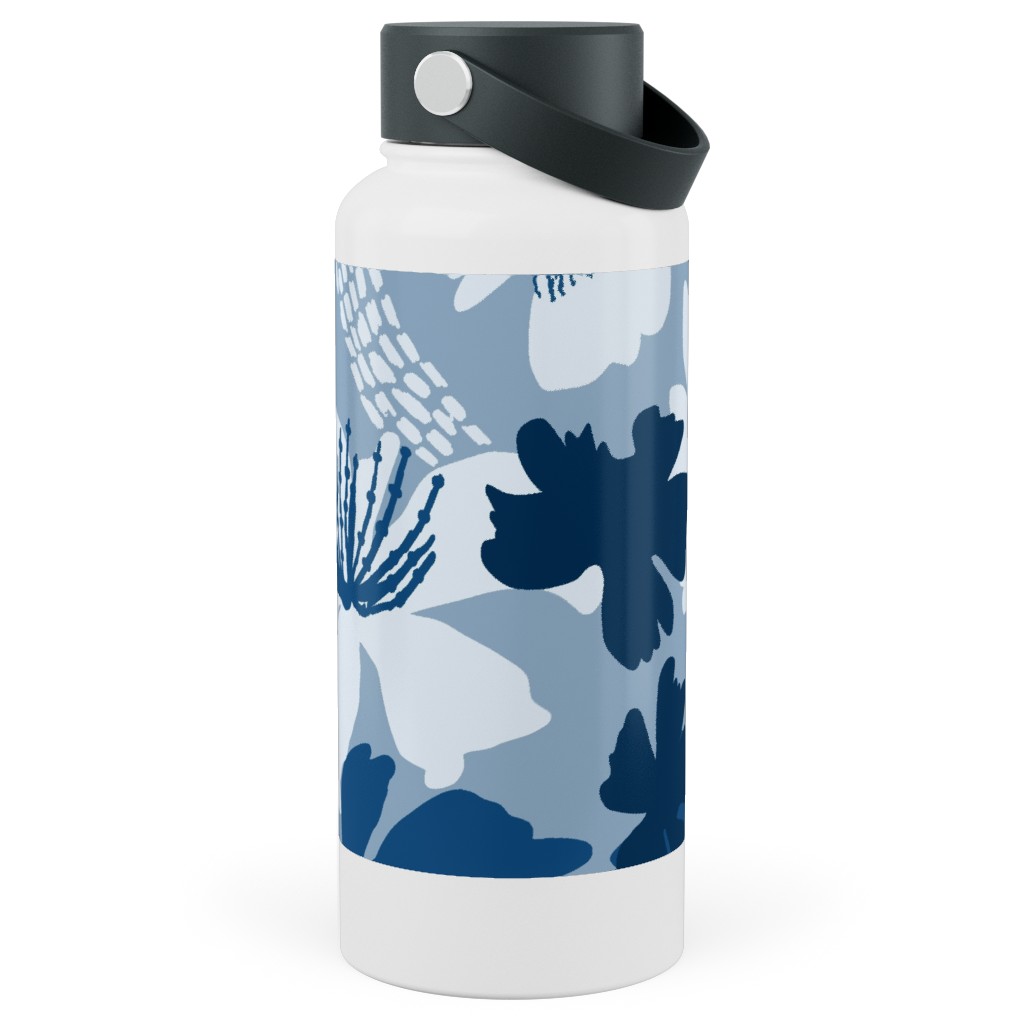 Barely Blue Floral Stainless Steel Wide Mouth Water Bottle, 30oz, Wide Mouth, Blue