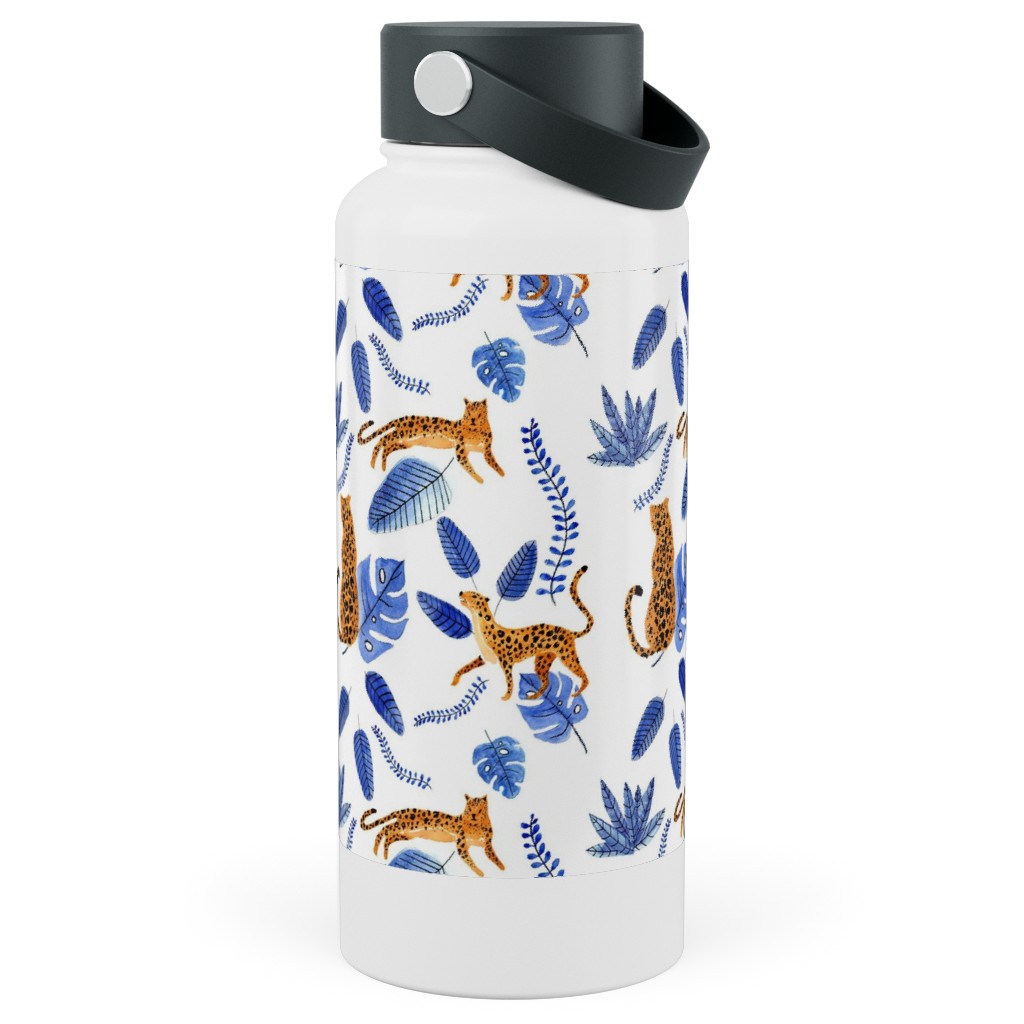 Leopard Tropical Exotic - Blue Stainless Steel Wide Mouth Water Bottle, 30oz, Wide Mouth, Multicolor