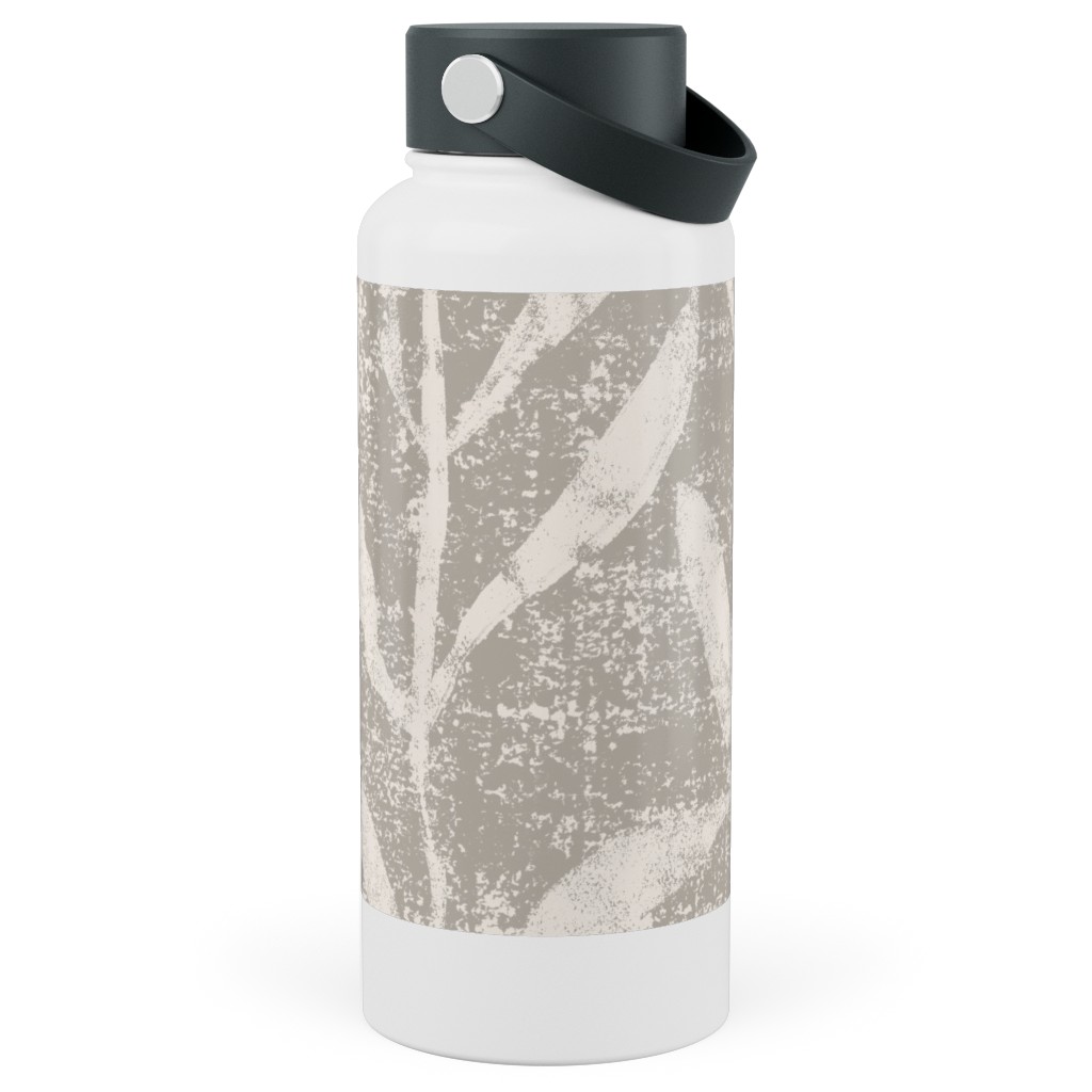 Grass Cloth With Leaves - Gray and Cream Stainless Steel Wide Mouth Water Bottle, 30oz, Wide Mouth, Beige