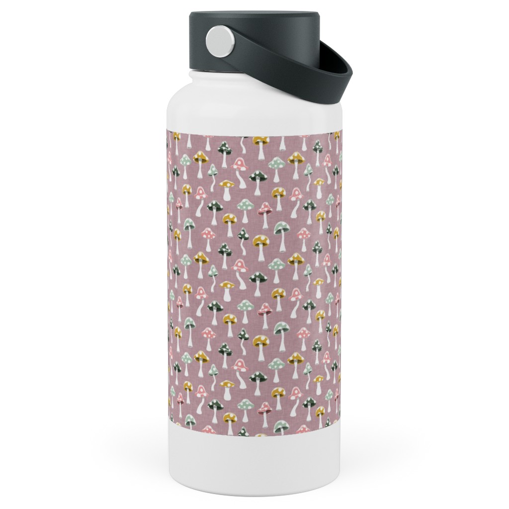 Multi Colored Mushrooms - Mauve Stainless Steel Wide Mouth Water Bottle, 30oz, Wide Mouth, Pink, Bright Pink