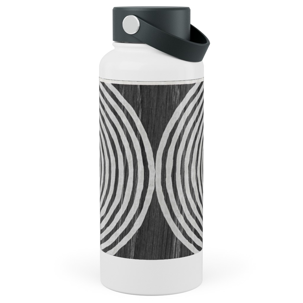 Boho Tribal Woodcut Geometric Shapes Stainless Steel Wide Mouth Water Bottle, 30oz, Wide Mouth, Black, Coal