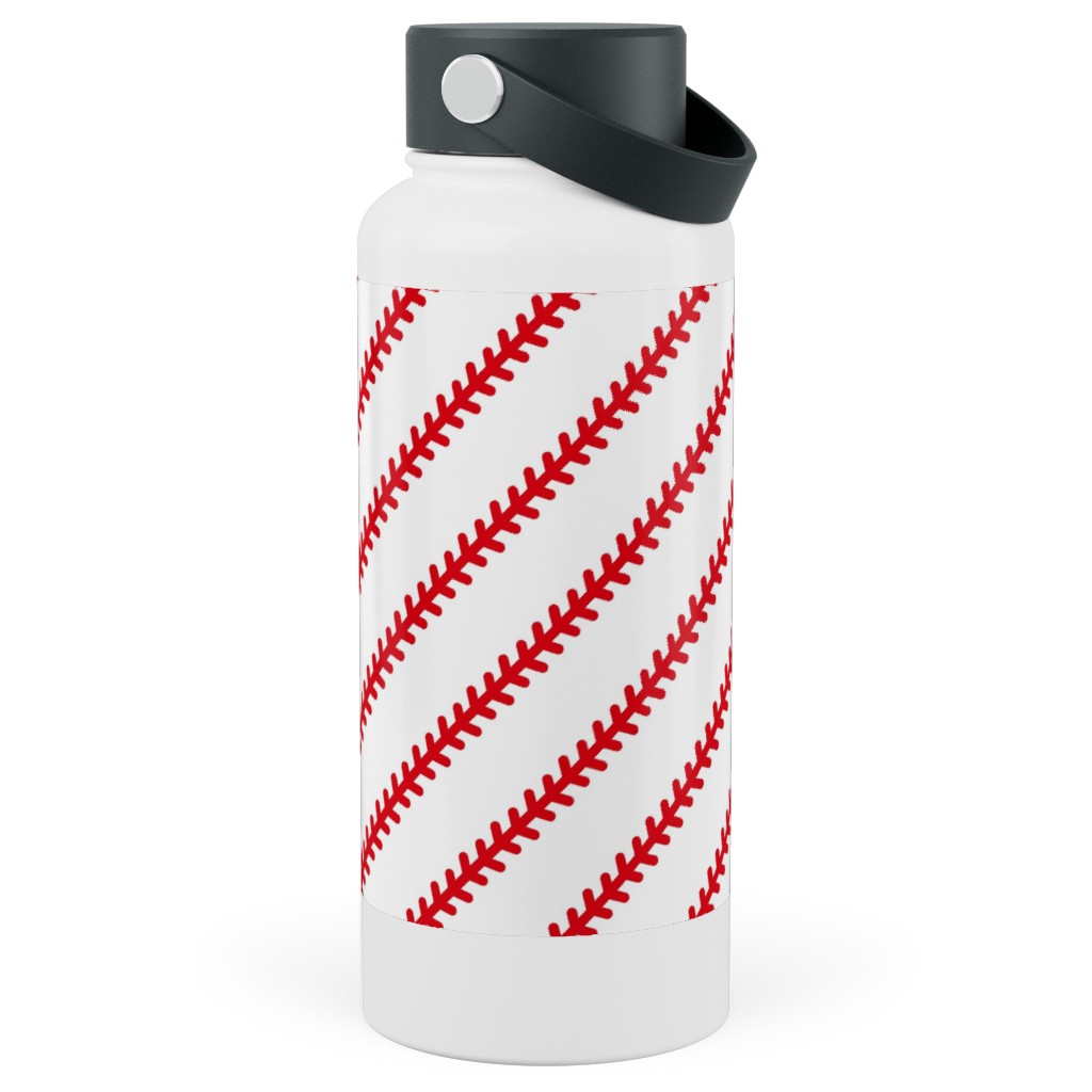 Baseball Stitch - Baseball - White Stainless Steel Wide Mouth Water Bottle, 30oz, Wide Mouth, Red