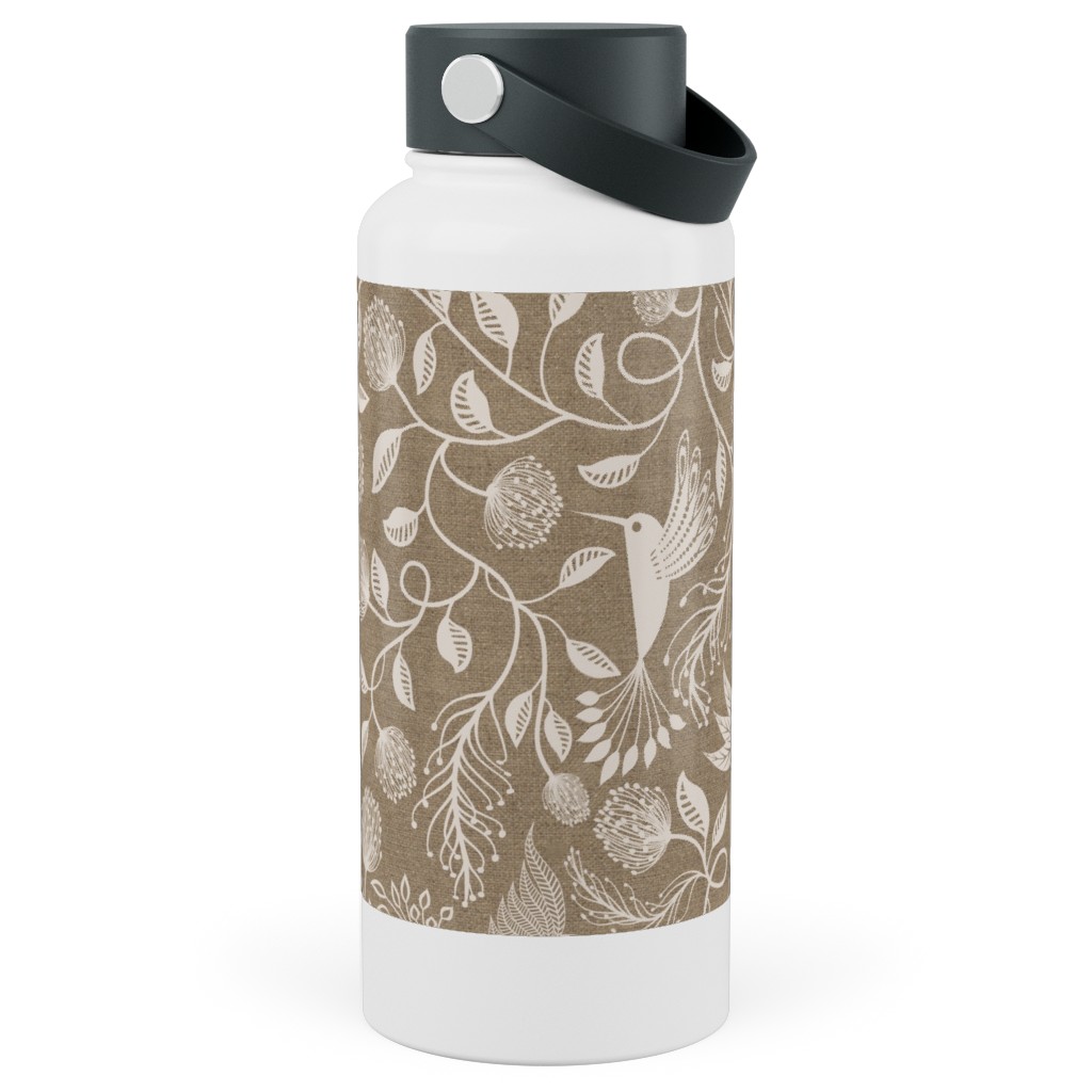 Papercutting Floral and Hummingbirds - Neutral Stainless Steel Wide Mouth Water Bottle, 30oz, Wide Mouth, Beige, Pearl