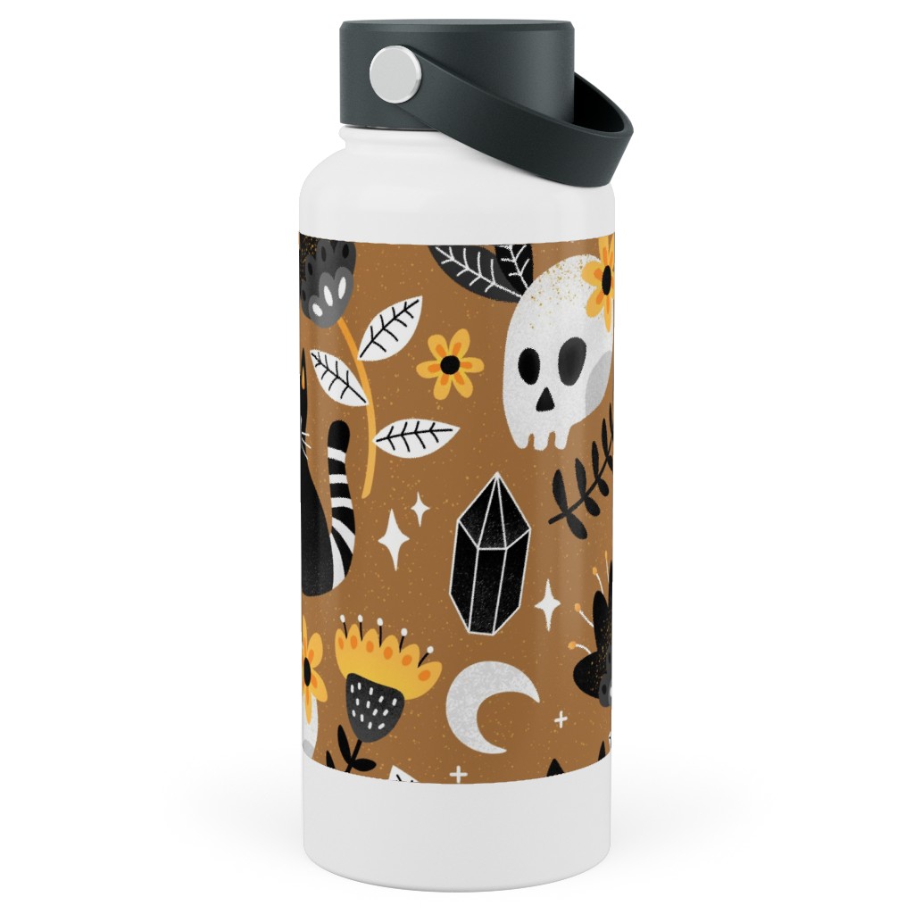 Black Cat & Floral Skull Stainless Steel Wide Mouth Water Bottle, 30oz, Wide Mouth, Brown