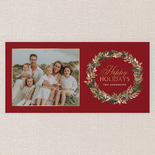Golden Wreath Collage Holiday Card, Red, 4x8 Flat, Holiday, Matte, Signature Smooth Cardstock, Square, Apple