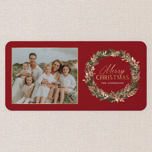 Golden Wreath Collage Holiday Card, Red, 4x8 Flat, Christmas, Matte, Signature Smooth Cardstock, Rounded, Apple