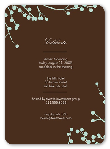 Mint Blossoms Party Invitation, Brown, Pearl Shimmer Cardstock, Rounded