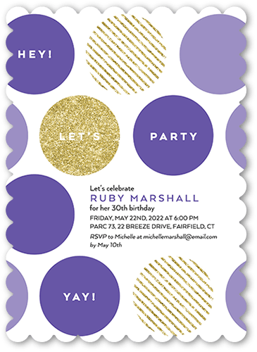 Big Bold Dots Party Invitation, Purple, 5x7 Flat, Pearl Shimmer Cardstock, Scallop