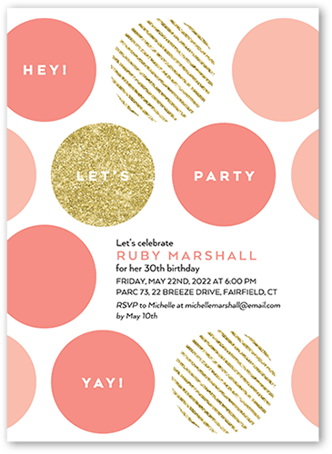 Big Bold Dots Party Invitation, Pink, 5x7 Flat, Pearl Shimmer Cardstock, Square, Sorbet