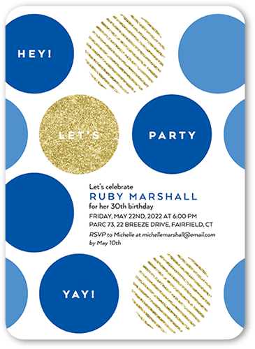 Big Bold Dots Party Invitation, Blue, 5x7 Flat, Pearl Shimmer Cardstock, Rounded, True Blue