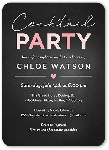 Elegant Cocktails Party Invitation, Black, 5x7 Flat, 100% Recycled Cardstock , Rounded