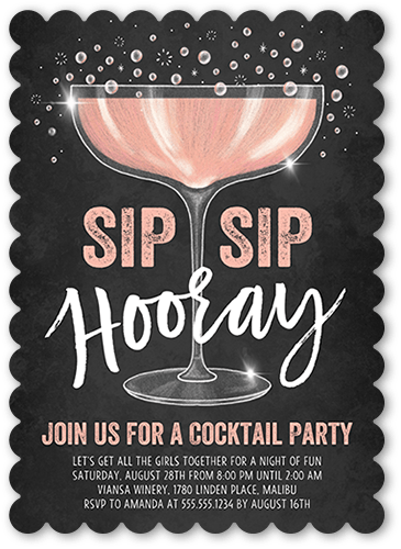 Sip Sip Party Invitation, Pink, 5x7, Pearl Shimmer Cardstock, Scallop
