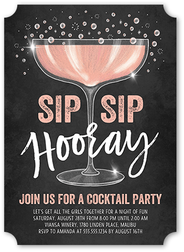 Sip Sip Party Invitation, Pink, 5x7 Flat, Pearl Shimmer Cardstock, Ticket