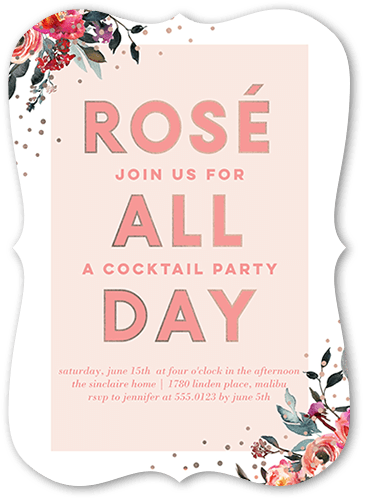 All Day Floral Party Invitation, Pink, 5x7 Flat, Pearl Shimmer Cardstock, Bracket