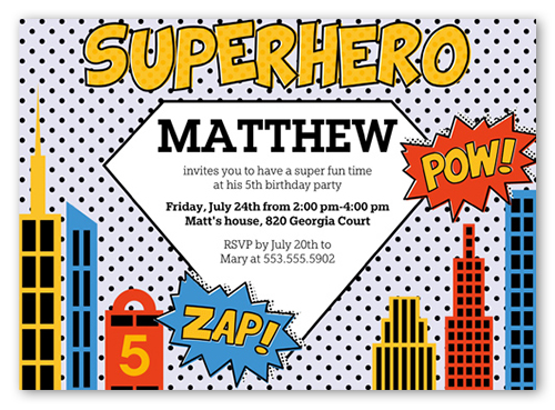 Superhero Birthday Invitation, Yellow, Pearl Shimmer Cardstock, Square