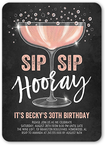Sip Sip Hooray Birthday Invitation, Grey, Standard Smooth Cardstock, Rounded