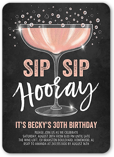 Sip Sip Hooray Birthday Invitation, Grey, White, Standard Smooth Cardstock, Rounded