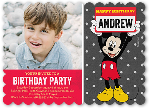 Disney Mickey Mouse Name Birthday Invitation, Red, Pearl Shimmer Cardstock, Scallop