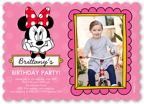 Disney Minnie Mouse Dots Birthday Invitation, Pink, Pearl Shimmer Cardstock, Scallop