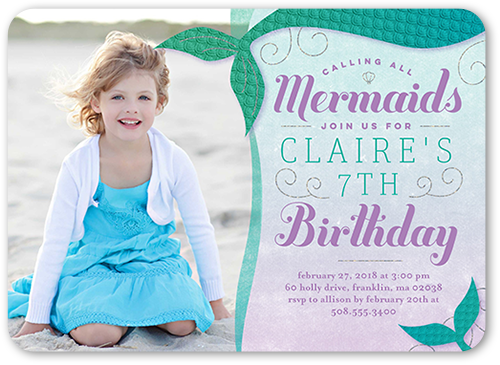 Mermaid Party Birthday Invitation, Green, Pearl Shimmer Cardstock, Rounded