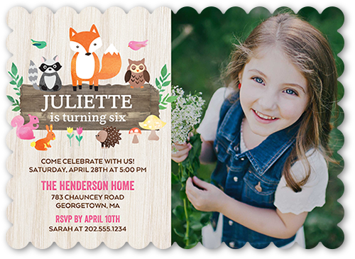 Woodland Wishes Girl Birthday Invitation, Grey, Pearl Shimmer Cardstock, Scallop