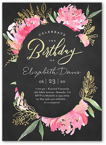 Peony Festivities Birthday Invitation, Black, 5x7 Flat, Standard Smooth Cardstock, Square