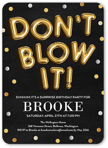 Balloon Surprise Birthday Invitation, Black, 5x7 Flat, 100% Recycled Cardstock , Rounded