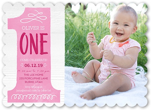 Onederful Girl Birthday Invitation, Pink, 5x7 Flat, Pearl Shimmer Cardstock, Scallop