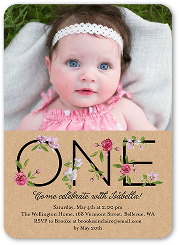 Floral One Birthday Invitation, Beige, 5x7 Flat, Pearl Shimmer Cardstock, Rounded