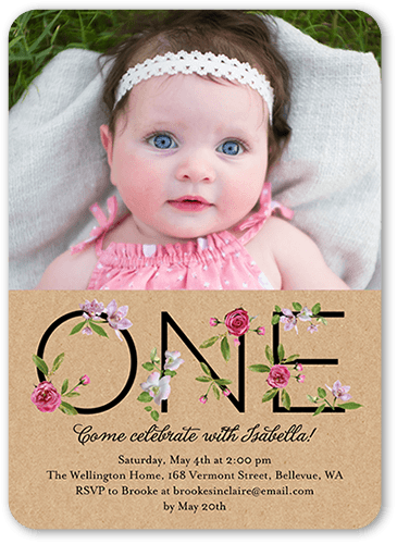 Floral One Birthday Invitation, Beige, 5x7 Flat, Matte, Signature Smooth Cardstock, Rounded