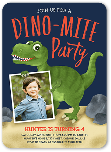 Dino Mite Birthday Invitation, Blue, 5x7, Matte, Signature Smooth Cardstock, Rounded