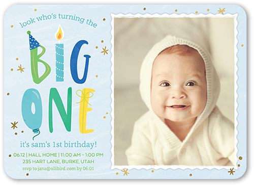 Big One Boy Birthday Invitation, none, Blue, 5x7 Flat, Standard Smooth Cardstock, Rounded