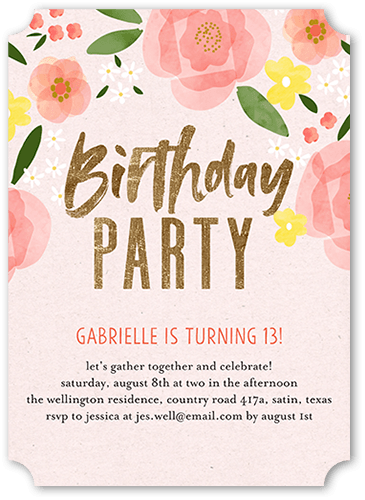 Floral Cheer Birthday Invitation, Pink, 5x7 Flat, Matte, Signature Smooth Cardstock, Ticket