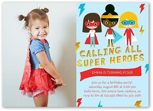 Super Heroes Birthday Invitation, Blue, 5x7, Standard Smooth Cardstock, Square