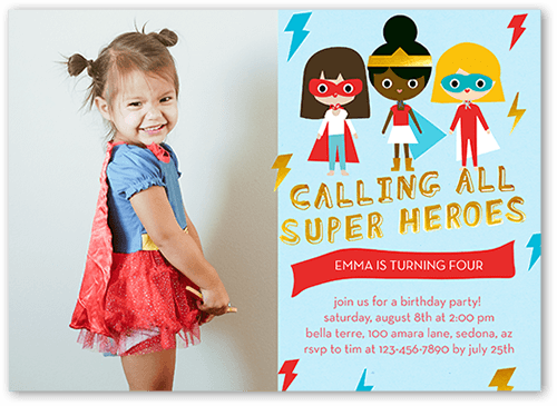 Super Heroes Birthday Invitation, Blue, 5x7 Flat, Standard Smooth Cardstock, Square, Waterfall
