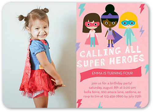 Super Heroes Birthday Invitation, Pink, 5x7, Pearl Shimmer Cardstock, Rounded