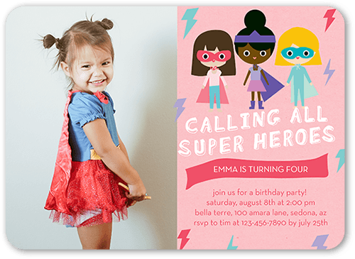 Super Heroes Birthday Invitation, Pink, 5x7 Flat, Matte, Signature Smooth Cardstock, Rounded