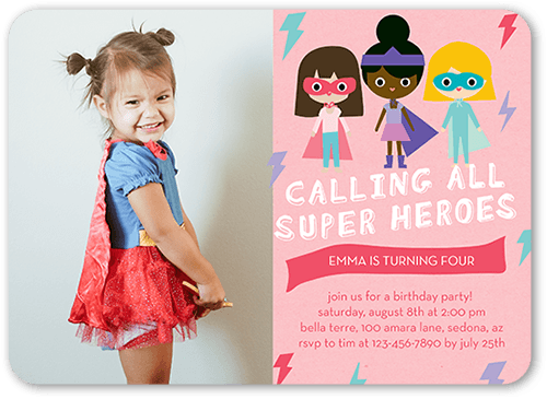 Super Heroes Birthday Invitation, Pink, 5x7 Flat, Pearl Shimmer Cardstock, Rounded