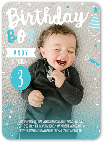 Happy Confetti Boy Birthday Invitation, Blue, 5x7 Flat, Standard Smooth Cardstock, Rounded