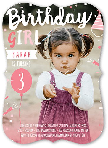 Happy Confetti Girl Birthday Invitation, Pink, 5x7 Flat, Pearl Shimmer Cardstock, Bracket