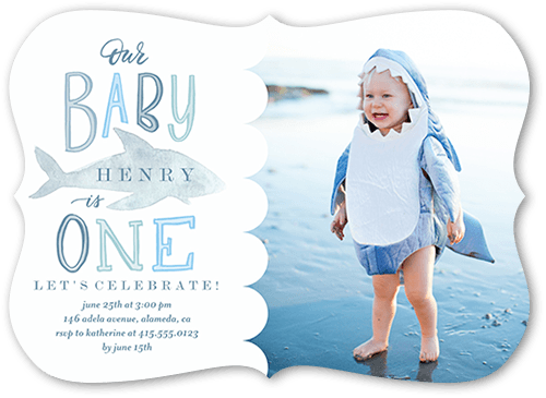 Baby Shark Boy Birthday Invitation, Blue, 5x7 Flat, Pearl Shimmer Cardstock, Bracket