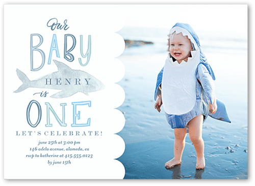 Baby Shark Boy Birthday Invitation, Blue, 5x7, Pearl Shimmer Cardstock, Square
