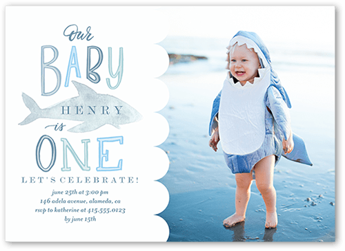 Baby Shark Boy Birthday Invitation, Blue, 5x7 Flat, Luxe Double-Thick Cardstock, Square