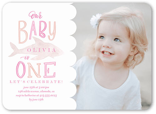 Baby Shark Girl Birthday Invitation, Pink, 5x7 Flat, Standard Smooth Cardstock, Rounded
