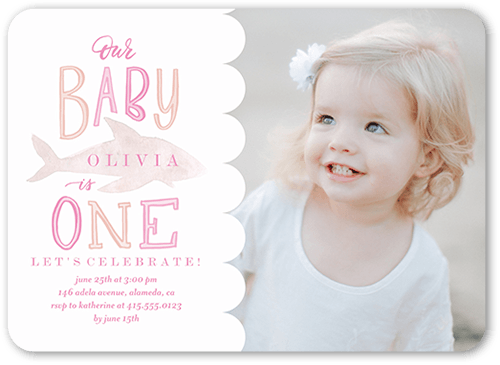 Baby Shark Girl Birthday Invitation, Pink, 5x7 Flat, Pearl Shimmer Cardstock, Rounded