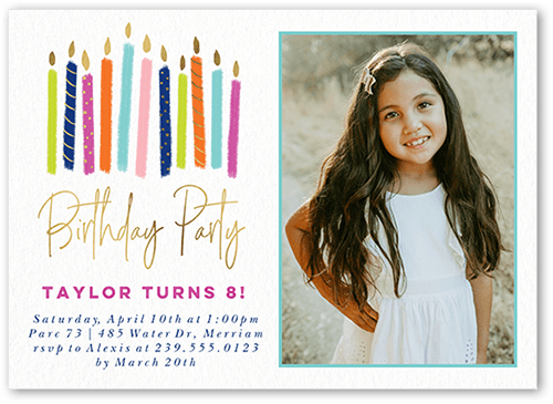 Party Candles Girl Birthday Invitation, Pink, 5x7 Flat, Pearl Shimmer Cardstock, Square