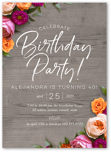 Rustically Floral Birthday Invitation, Grey, 5x7, Luxe Double-Thick Cardstock, Square