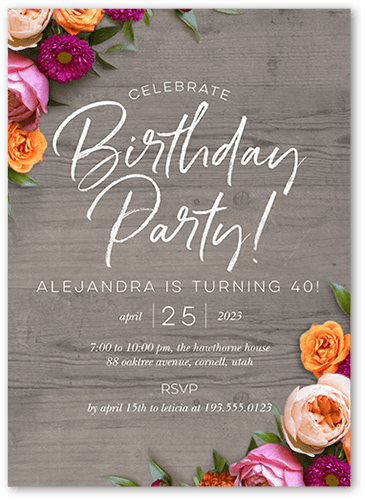 Rustically Floral Birthday Invitation, Grey, 5x7 Flat, Matte, Signature Smooth Cardstock, Square